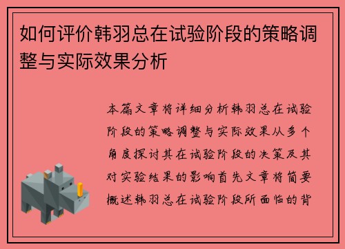 如何评价韩羽总在试验阶段的策略调整与实际效果分析 如何评价韩羽总在试验阶段的策略调整与实际效果分析