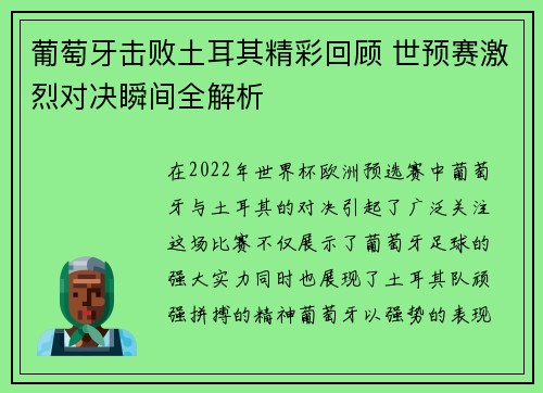葡萄牙击败土耳其精彩回顾 世预赛激烈对决瞬间全解析 葡萄牙击败土耳其精彩回顾 世预赛激烈对决瞬间全解析